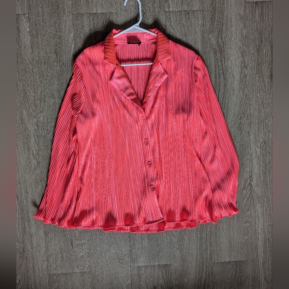 Dressed in LALA Coral-Red Pleated Button Down Blouse